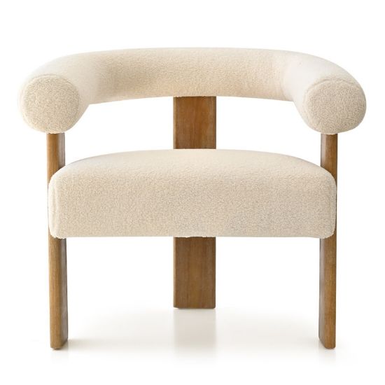 Beige Polyester Armchair with Curved Back and Wooden Legs