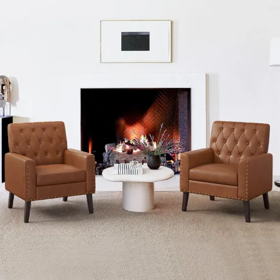 Two-Piece Tufted Leather Accent Chairs – Mid-Century Design