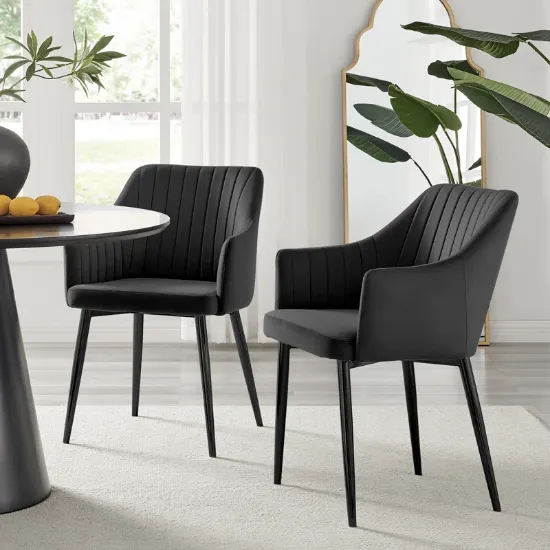 Set of 2 – Velvet Armchairs with Vertical Tufting and Metal Legs
