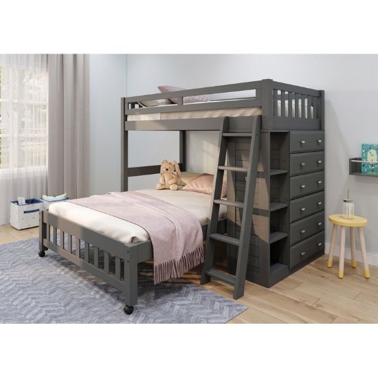 Shaped Twin over Full Solid Wood Bunk Bed with Bookcase and 6 Drawers