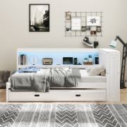 Solid Wood Daybed with Pull-Out Trundle, USB Charging Ports, and Built-In LED Lighting
