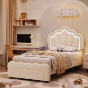 Kids’ Upholstered LED Bed with Storage Drawer and Adjustable Headboard