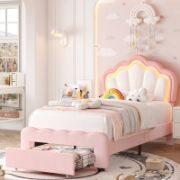 Kids’ Upholstered LED Bed with Storage Drawer and Adjustable Headboard