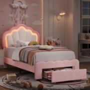 Kids’ Upholstered LED Bed with Storage Drawer and Adjustable Headboard