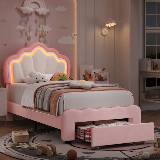 Kids’ Upholstered LED Bed with Storage Drawer and Adjustable Headboard