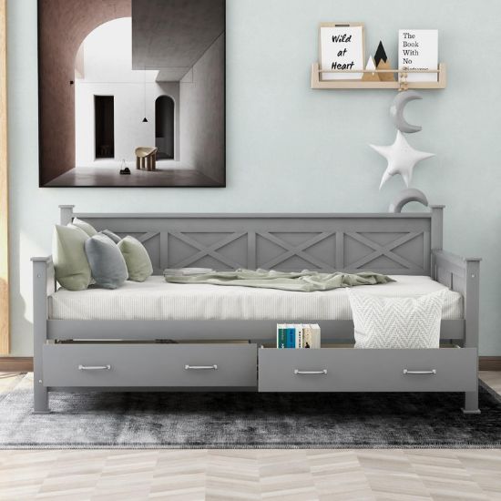 Twin Size Daybed with 2 Large Storage Drawers and Rustic X Frame Design