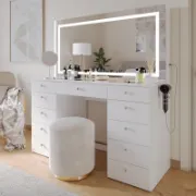 Premium Vanity Table with Bluetooth Speakers, 11 Drawers, and LED Light Mirror