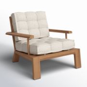 Wide-Leg Teak Outdoor Chair with Slatted Frame and Tufted Cushion