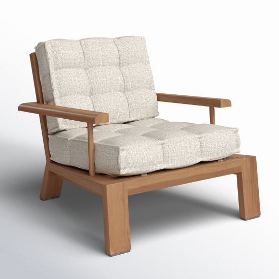 Wide-Leg Teak Outdoor Chair with Slatted Frame and Tufted Cushion
