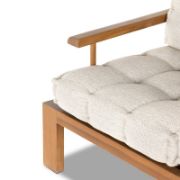 Wide-Leg Teak Outdoor Chair with Slatted Frame and Tufted Cushion