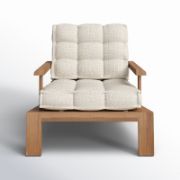 Wide-Leg Teak Outdoor Chair with Slatted Frame and Tufted Cushion