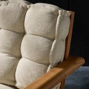 Wide-Leg Teak Outdoor Chair with Slatted Frame and Tufted Cushion