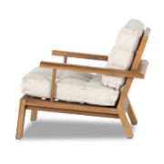 Wide-Leg Teak Outdoor Chair with Slatted Frame and Tufted Cushion