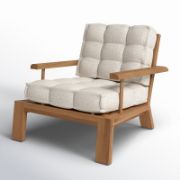 Wide-Leg Teak Outdoor Chair with Slatted Frame and Tufted Cushion