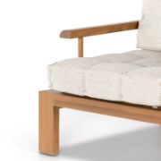 Wide-Leg Teak Outdoor Chair with Slatted Frame and Tufted Cushion