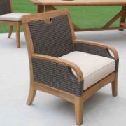Solid Teak and Wicker Outdoor Club Chair with Neutral Cushion