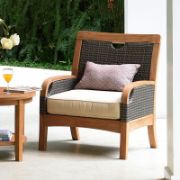 Solid Teak and Wicker Outdoor Club Chair with Neutral Cushion
