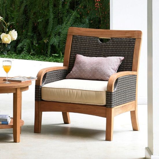Solid Teak and Wicker Outdoor Club Chair with Neutral Cushion