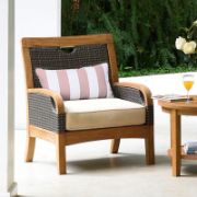 Solid Teak and Wicker Outdoor Club Chair with Neutral Cushion