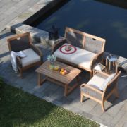 Solid Teak and Wicker Outdoor Club Chair with Neutral Cushion