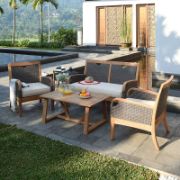 Solid Teak and Wicker Outdoor Club Chair with Neutral Cushion