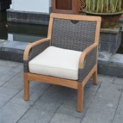 Solid Teak and Wicker Outdoor Club Chair with Neutral Cushion