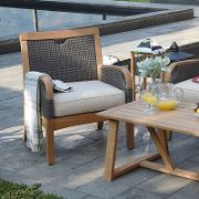 Solid Teak and Wicker Outdoor Club Chair with Neutral Cushion