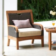 Solid Teak and Wicker Outdoor Club Chair with Neutral Cushion