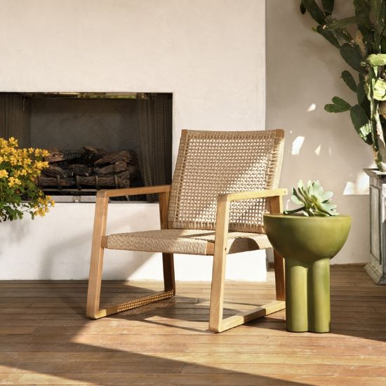 Outdoor Wicker Lounge Chair with Teak and Twisted Fiber Detail