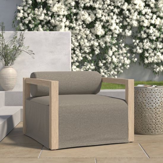 Contemporary Teak Outdoor Armchair with Bolster Back Cushion