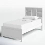 تفصيل سرير أبيض مزود بوحدة رفوف